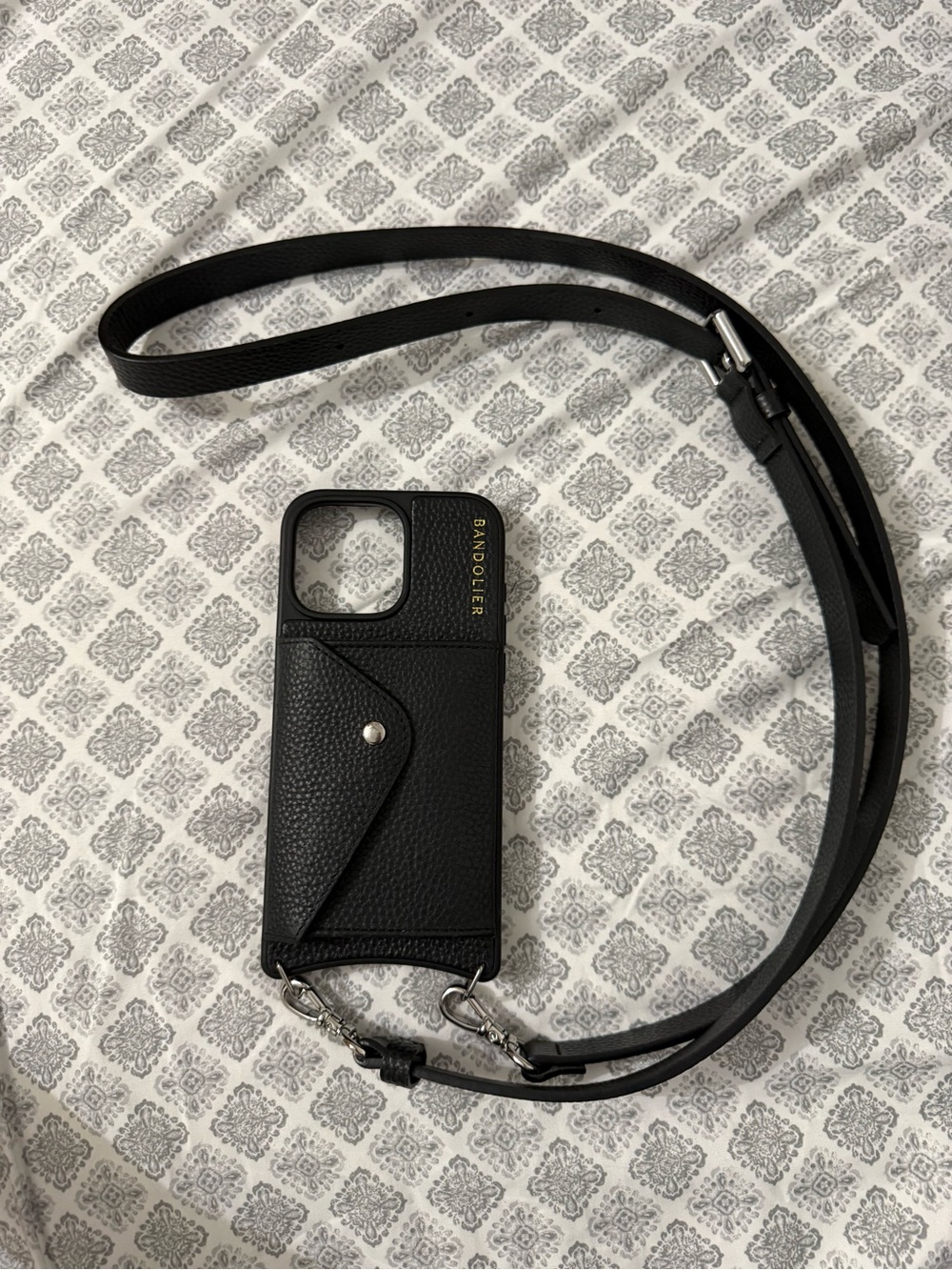 Bandolier Black Pebbled Leather Crossbody Phone Case with Gold Logo